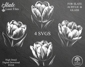 Tulip Flower SVG Laser Engrave Files for Slate, Acrylic, Glass (4 Pack)
