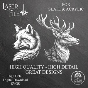 Puede incluir: Ilustraciones en blanco y negro de l&iacute;nea de un zorro y una cabeza de ciervo con cuernos. El texto "LASER FILE" y "FOR SLATE & ACRYLIC" est&aacute; en la parte superior de la imagen. El texto "HIGH QUALITY - HIGH DETAIL GREAT DESIGNS" est&aacute; en la parte inferior de la imagen. El texto "High Detail Digital Download SVGS" est&aacute; en la parte inferior izquierda de la imagen. El texto "VIVID OAK GRAPHICS" est&aacute; en la parte inferior derecha de la imagen.