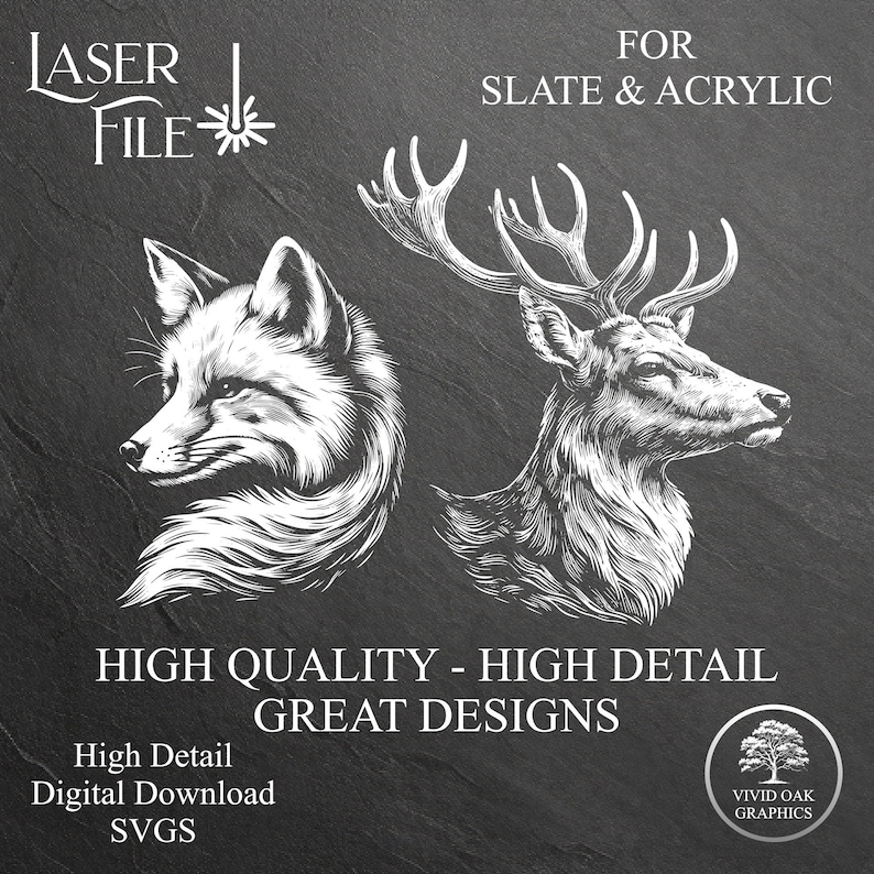Puede incluir: Ilustraciones en blanco y negro de l&iacute;nea de un zorro y una cabeza de ciervo con cuernos. El texto "LASER FILE" y "FOR SLATE & ACRYLIC" est&aacute; en la parte superior de la imagen. El texto "HIGH QUALITY - HIGH DETAIL GREAT DESIGNS" est&aacute; en la parte inferior de la imagen. El texto "High Detail Digital Download SVGS" est&aacute; en la parte inferior izquierda de la imagen. El texto "VIVID OAK GRAPHICS" est&aacute; en la parte inferior derecha de la imagen.