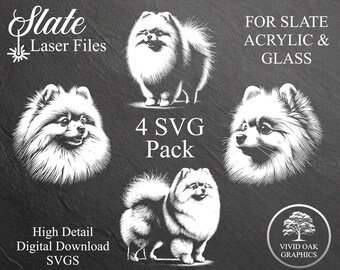 Op de afbeelding: Een digitaal download grafisch pakket met vier gedetailleerde illustraties van witte dwergspitshonden. De tekst bevat "Slate Laser Files", "For Slate Acrylic & Glass", "4 SVG Pack" en "High Detail Digital Download SVGS".