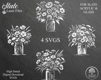 Wildflower Jars, Laser Engrave SVG Files, Slate, Acrylic, Glass (Digital Download)