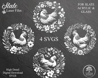 Floral Chickens, SVG Laser Files: Slate, Acrylic & Glass Engraving (Digital Download)