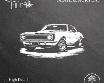 May include: Black and white line art illustration of a classic car, a Chevrolet Camaro, for laser cutting. The image is labeled "Laser File" and "For Slate & Acrylic".