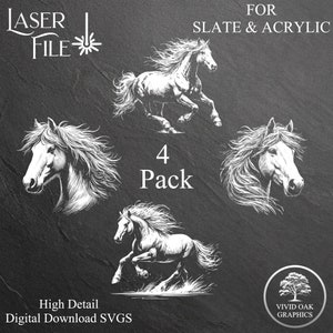 Bundle cheval sauvage - 4 fichiers de gravure ardoise, fichiers SVG en téléchargement numérique instantané pour gravure sur ardoise sur sous-verres acrylique et verre