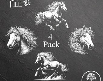 May include: A set of four detailed horse SVG files for laser cutting. The images include a horse running, a horse head, and two more running horses. The text "LASER FILE" and "FOR SLATE & ACRYLIC" are visible in the image. The text "4 Pack" and "High Detail Digital Download SVGS" are also visible. The image is on a black background.