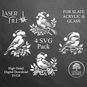 Pacote de pássaros com chapéu de Papai Noel - 4 arquivos de gravação SLATE, arquivos de download digital instantâneo SVG para gravação em ardósia em bases para copos de acrílico e vidro