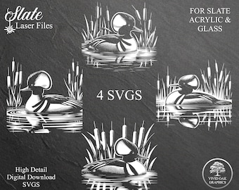 Hooded Merganser Duck Slate Engrave Files – 4 SVG Laser Designs (Digital Download)