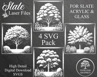 Könnte beinhalten: Ein digitaler Download-Pack mit vier SVG-Dateien mit detaillierten Baumdesigns. Der Text enthält "Slate Laser Files", "For Slate Acrylic & Glass", "4 SVG Pack", "High Detail Digital Download SVGS" und "Vivid Oak Graphics". Geeignet für Laserschneideprojekte.