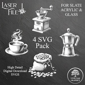 Peut inclure: Un ensemble de quatre fichiers SVG en noir et blanc pour la découpe au laser. Les fichiers comprennent un moulin à café, une cafetière, une tasse de café et un sac de grains de café. Le texte "4 SVG Pack" est écrit en blanc sur un fond noir.