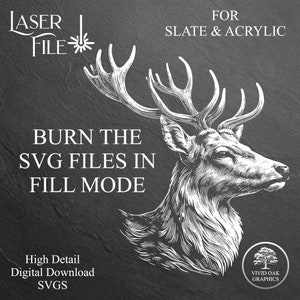 Puede incluir: Ilustraci&oacute;n digital en blanco y negro de una cabeza de ciervo con cuernos. La imagen incluye el texto "LASER FILE", "FOR SLATE & ACRYLIC", "BURN THE SVG FILES IN FILL MODE", "High Detail Digital Download SVGS" y "VIVID OAK GRAPHICS".