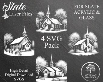 Winter Church SVG Laser Engrave Files, Slate, Acrylic, Glass (Digital Download)
