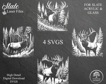 Forest Elk Laser Engraving SVG Bundle, Slate Acrylic Glass Coasters (Digital Download)