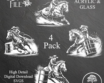May include: A set of four black and white digital download SVG files of a cowgirl riding a horse around a barrel. The text "LASER FILE" and "4 Pack" are visible in the image. The text "FOR SLATE ACRYLIC & GLASS" is also visible in the image.