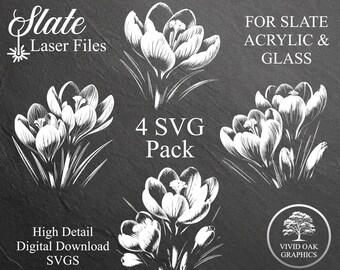Crocus Flower SVG Laser Engrave Files, Slate Acrylic Glass Designs (4 Pack)