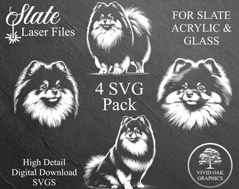 Op de afbeelding: Een digitale download graphic pack met vier gedetailleerde zwart-wit illustraties van dwergkeeshonden. De tekst bevat "Slate Laser Files", "4 SVG Pack" en "High Detail Digital Download SVGS". Geschikt voor leisteen, acryl en glas.