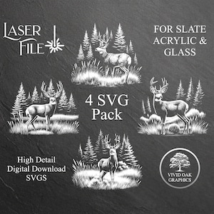 Forest Mule Deer Bundle - 4 SLATE Gravurdateien, SVG, Sofortiger Digitaler Download Dateien für Schiefer, Glas & Acryl Untersetzer, Tabletts und Geschenke
