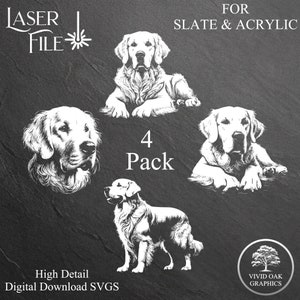 Puede incluir: Un conjunto de cuatro ilustraciones digitales en blanco y negro de perros golden retriever en diferentes poses. Las ilustraciones están etiquetadas como "4 Pack" y "High Detail Digital Download SVGS".