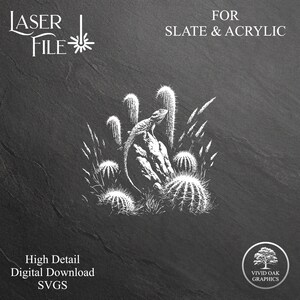 May include: A white line drawing of a lizard perched on a rock surrounded by cacti and grass. The image is on a black background with the text "LASER FILE" and "FOR SLATE & ACRYLIC" in white.
