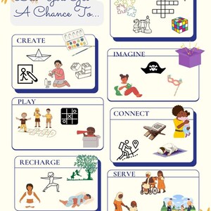 May include: A colorful infographic with the text "Did You Get A Chance To..." and six categories: Think, Create, Play, Imagine, Connect, and Recharge. Each category has a set of icons representing activities related to the category. For example, the "Think" category has icons for a jigsaw puzzle, a crossword puzzle, a chessboard, and a Rubik's cube. The "Create" category has icons for a person drawing, a paper airplane, a paint palette, and building blocks. The "Play" category has icons for children playing hopscotch, a tic-tac-toe board, and a child looking through a telescope. The "Imagine" category has icons for a child reading a book, a pirate hat, and a pair of masquerade glasses. The "Connect" category has icons for a person hiking, a Quran, and a person holding a child. The "Recharge" category has icons for a person doing yoga, a person sleeping, and a child swinging on a tree. The "Serve" category has icons for a person pushing a wheelchair, a person helping another person to stand, and a group of people sitting together. The infographic also includes the text "@ummimanorg".