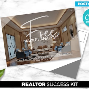 Cartão postal imobiliário, análise gratuita, agente imobiliário, download digital do Canva, 2 faces, modelo de marketing para corretor de imóveis, PDF grátis
