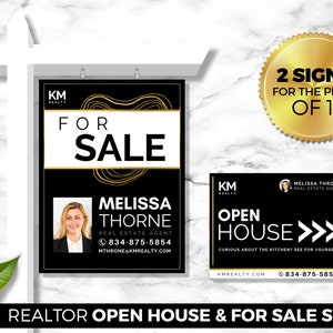 Puede incluir: Dos carteles inmobiliarios en blanco y negro con detalles dorados. El cartel superior dice "En venta" con una foto de una mujer y el texto "Melissa Thorne, Agente inmobiliario, 834-875-5854, MTHRONE@KMREALTY.COM". El cartel inferior dice "Casa abierta" con el texto "&iquest;Tienes curiosidad por la cocina? &iexcl;Ven a verla! KMREALTY.COM, 834-875-5854".