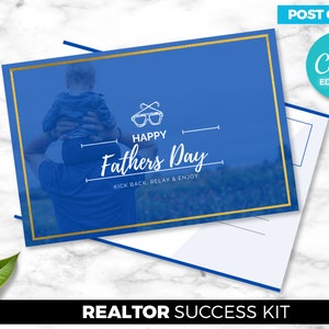Cartão postal do dia dos pais, cartão postal de férias, agente imobiliário, marketing imobiliário, download digital do Canva, modelo de marketing para corretor de imóveis