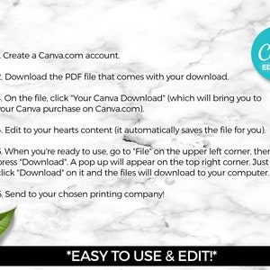 Puede incluir: Un fondo de m&aacute;rmol blanco con texto negro que describe seis pasos para editar un dise&ntilde;o de Canva.com. El texto incluye "Crea una cuenta de Canva.com", "Descarga el archivo PDF", "En el archivo, haz clic en 'Tu descarga de Canva'", "Edita a tu gusto", "Cuando est&eacute;s listo para usar, ve a 'Archivo' en la esquina superior izquierda", y "&iexcl;Env&iacute;a a tu empresa de impresi&oacute;n elegida!" El texto tambi&eacute;n incluye "*F&Aacute;CIL DE USAR Y EDITAR!*" en negrita, en negro. Un c&iacute;rculo turquesa con la palabra "Canva" en blanco y la palabra "EDITABLE" en blanco debajo est&aacute; en la esquina superior derecha de la imagen.