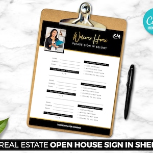 Sign In Sheet, Real Estate Agent, Open House, Digital Canva Download, Editable PDF, Realtor Marketing Template, Flyer Template, Black & Gold