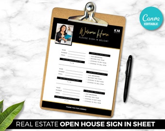 Sign In Sheet, Real Estate Agent, Open House, Digital Canva Download, Editable PDF, Realtor Marketing Template, Flyer Template, Black & Gold