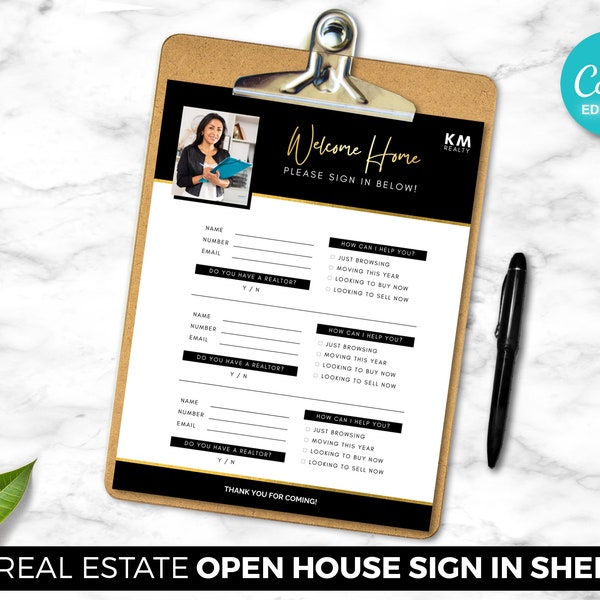 Sign In Sheet, Real Estate Agent, Open House, Digital Canva Download, Editable PDF, Realtor Marketing Template, Flyer Template, Black & Gold