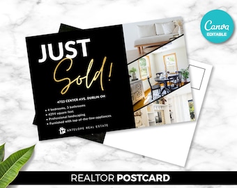 Real Estate Postcard, Just Sold, Real Estate Agent, Digital Canva Download, 2 Sided Postcard, Realtor Marketing Template, Free PDF