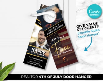 4 de julio Colgador de puerta principal de agente inmobiliario, análisis de mercado gratuito, marketing inmobiliario, descarga digital de Canva, agricultura inmobiliaria, marca