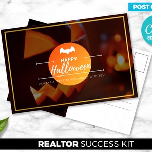 Postal de Halloween, Postal navideña, Agente de bienes raíces, Marketing inmobiliario, Naranja, Descarga digital de Canva, Plantilla de marketing de agentes inmobiliarios
