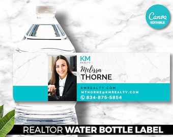 Real Estate Water Bottle Label, Realtor Marketing, Open House, Real Estate Marketing, Digital Canva Download, Real Estate Farming, Blue