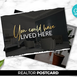 Cartão postal imobiliário, recém-vendido, agente imobiliário, download digital do Canva, 2 lados, modelo de marketing para corretor de imóveis, PDF grátis, preto e dourado