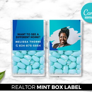 May include: A blue and white realtor mint box label with a photo of a woman and the text "WANT TO SEE A DIFFERENT HOME? MELISSA THORNE 834-875-5854"