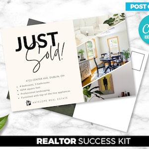 Cartão postal imobiliário, recém-vendido, agente imobiliário, download digital do Canva, cartão postal frente e verso, modelo de marketing para corretor de imóveis, PDF grátis