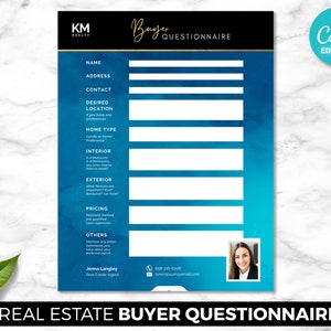 Käufer-Fragebogen, Kunden-Testimonial-Flyer, Makler, digitaler Canva-Download, bearbeitbare Marketing-Vorlage, blau und gold