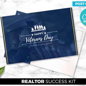 Cartão postal do Dia dos Veteranos, cartão postal de férias, agente imobiliário, download digital do Canva, modelo de marketing para corretor de imóveis, itens de venda, foguete para corretor de imóveis