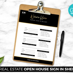 Sign In Sheet, Real Estate Agent, Open House, Digital Canva Download, Editable PDF, Realtor Marketing Template, Flyer Template, Black & Gold