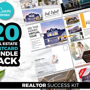 Bundle-Pack mit 20 Postkarten, Makler, digitaler Canva-Download, vorgefüllte bearbeitbare Maklermarketing-Vorlage, Maklerrakete