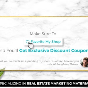 Puede incluir: Un gr&aacute;fico blanco y dorado con el texto "Make Sure To Favorite My Shop And You'll Get Exclusive Discount Coupons". El gr&aacute;fico tambi&eacute;n incluye un icono de coraz&oacute;n y una mano apuntando al texto. El texto "Thank you so much for supporting my shop! I'm always here for you - Nic McLaughlin / Owner" tambi&eacute;n est&aacute; incluido. El gr&aacute;fico est&aacute; sobre un fondo de m&aacute;rmol.