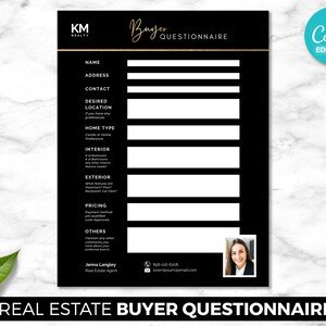 Käufer-Fragebogen, Kunden-Testimonial-Flyer, Makler, digitaler Canva-Download, bearbeitbare Marketing-Vorlage, schwarz und gold