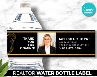 Real Estate Water Bottle Label, Realtor Marketing, Open House, Real Estate Marketing, Digital Canva Download, Real Estate Farming, Gold