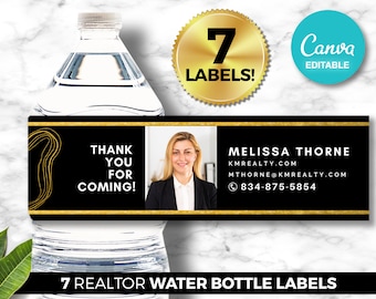 7 Real Estate Water Bottle Labels, Realtor Marketing, Open House, Real Estate Marketing, Digital Canva Download, Real Estate Farming