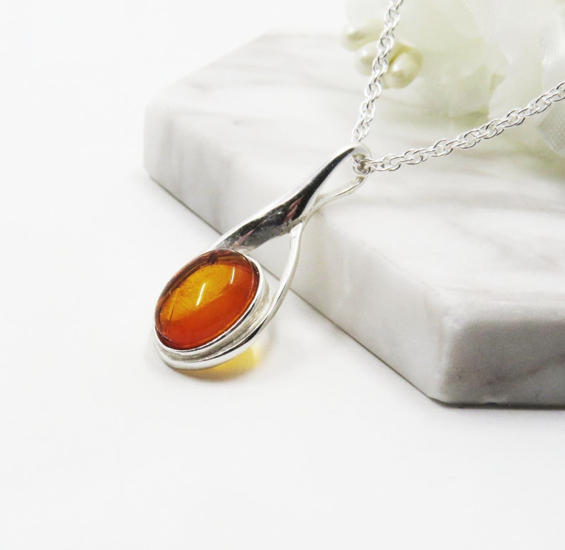Honey Amber Sterling Silver Oval Pendant Necklace