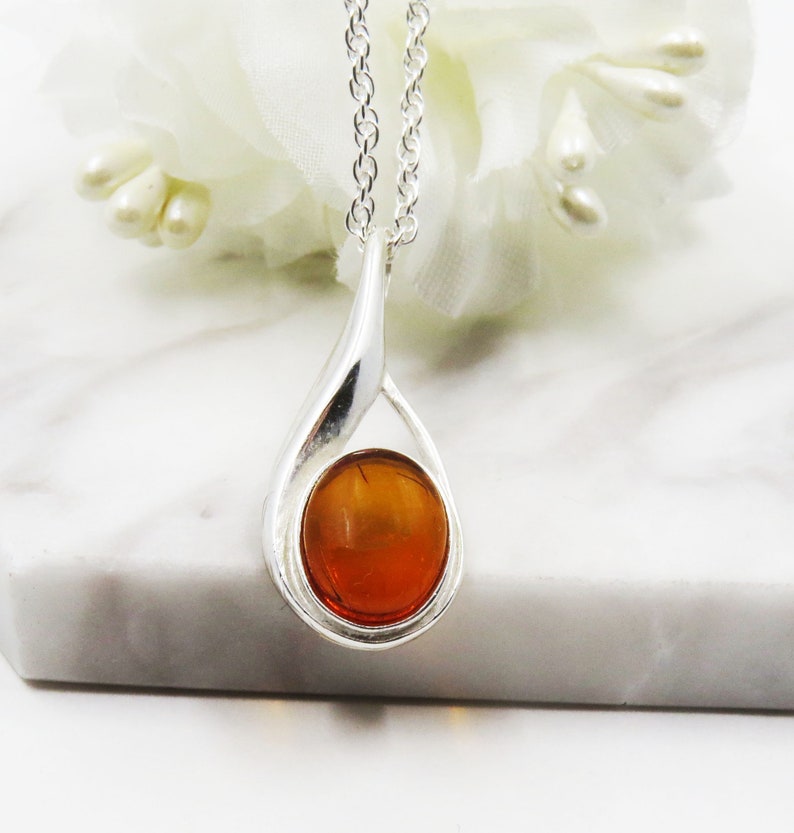 Honey Amber Sterling Silver Oval Pendant Necklace
