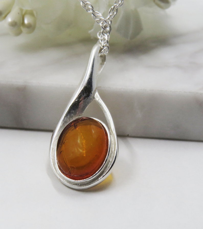 Honey Amber Sterling Silver Oval Pendant Necklace