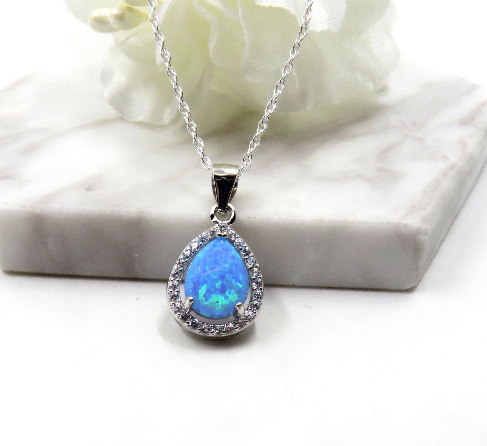 Blue Opal Teardrop Sterling Silver Pendant Necklace Etsy