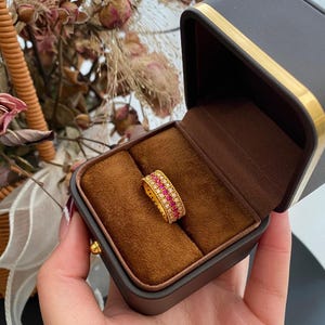 Gold Plated Ring, Red Corundum and Cubic Zirconia Wide Band Size 8